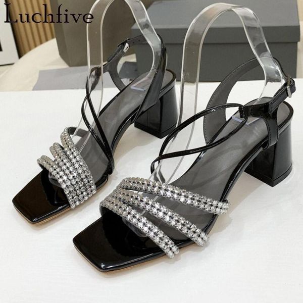 

sandals summer crystal chunky heels rhinestones shoes woman open toe ankle wrapped outwear black white ladies