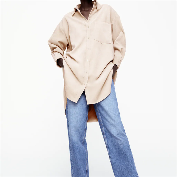 

traf women 2021 fashion corduroy loose asymmetrical blouses vintage long sleeve button-up female shirts streetwear, White