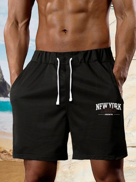

men letter graphic drawstring waist shorts u418#, Black