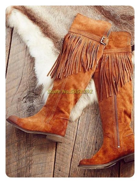 

boots tassel low heel suede over the knee slio on winter women flock brown black grey rome belt buckle ladies long