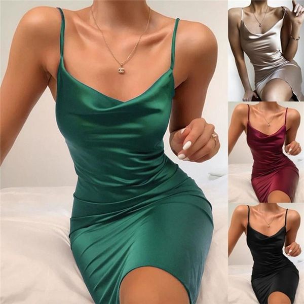 

2021 summer satin dress women bodycon mini dress sleeveless backless slim elegant party outfits club clothes, Black;gray