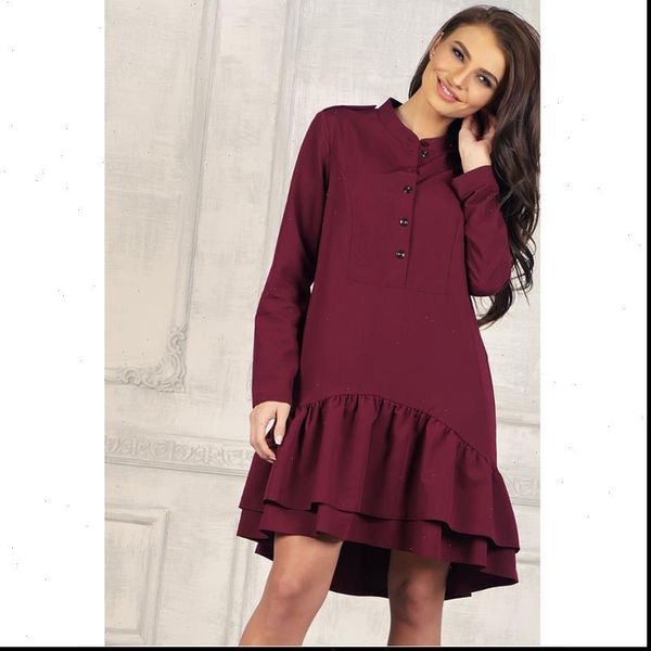 

women vintage ruffled front button a line dress long sleeve stand collar solid casual dress 2021 autumn fashion women dress, Black;gray