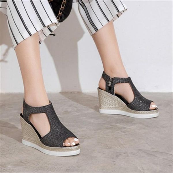 

sandals pxelena 2021 summer women wedge high heels platform peep toe t strap shoes bling sequined glitter comfort gold silver 43, Black
