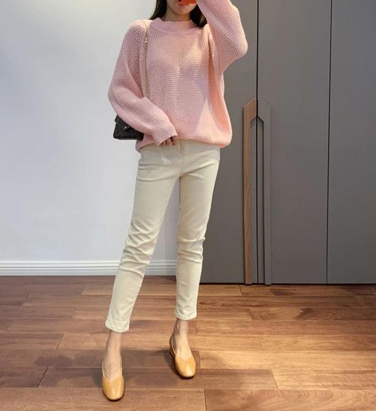 

women's pants & capris ladies elastic high waist solid beige/khaki color casual ninth - latest women fashion cotton blend long trousers, Black;white