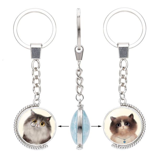 

dign cute cat double side rotation time keyring car pendant