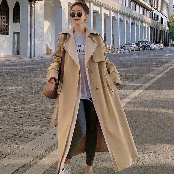 

women's trench coats brand women coat single-breasted long color matching patchwork for lady spring autumn fall female outerwear, Tan;black
