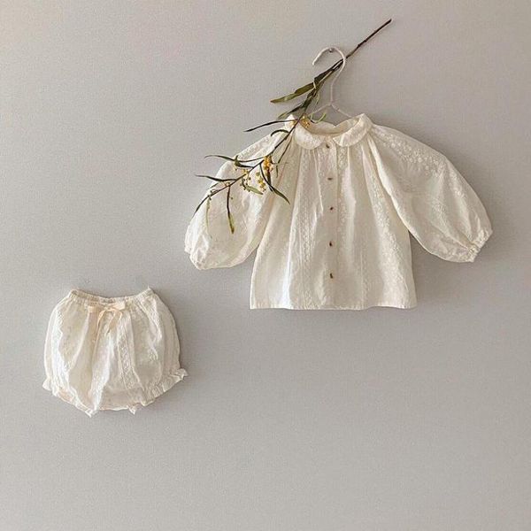

clothing sets 2021 children's clothes suit for girls lace embroidery shirts + shorts 2pcs baby girl set breathable princess outfit, White