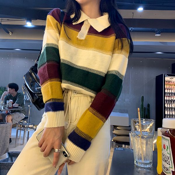 

2021 new autumn color matching striped short drawstring polo collar knitted sweater women 3nox, White;black