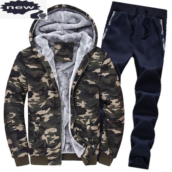 

new mens winter warm fur lining tracksuit casual camouflage printed hooded coat full length sweatpants sets large size male suit, Gray