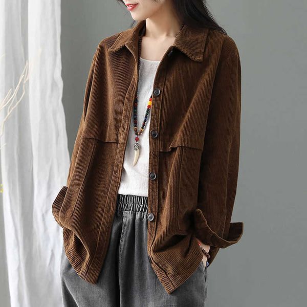 

autumn korea fashion women long sleeve corduroy coats loose casual turn-down collar retro cardigan jackets d408 210608, Black;brown