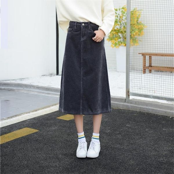 

skirts 2021 spring autumn women's corduroy skirt girls a-line mid-calf length g slim large plus size 26-40, Black