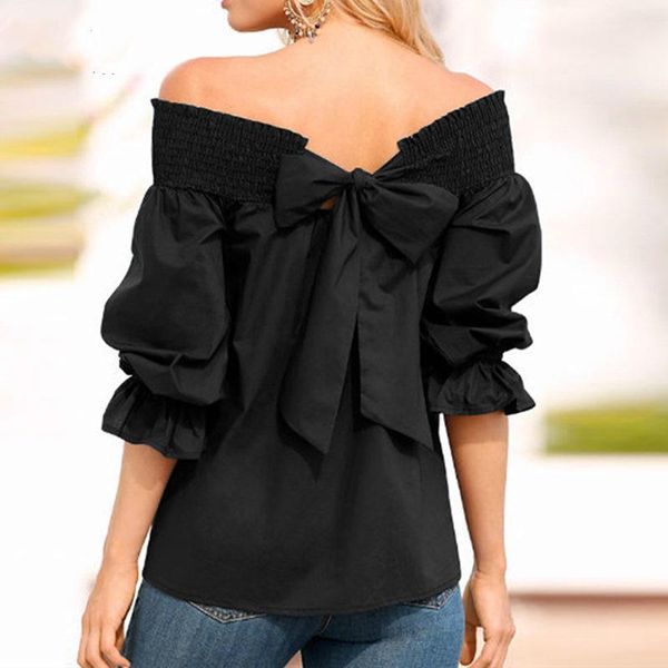 

2021 summer new fashion back bow blouses shirts off shoulder slash neck candy color slash neck solid loose strapless blouse shirt, White