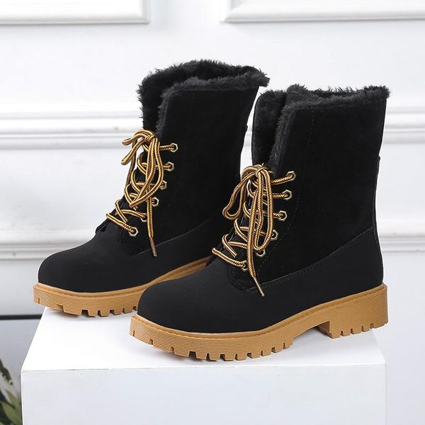 

boots 2021 women winter short platform shoes lace up ankle warm plush pink black snow plus size 41 42 43