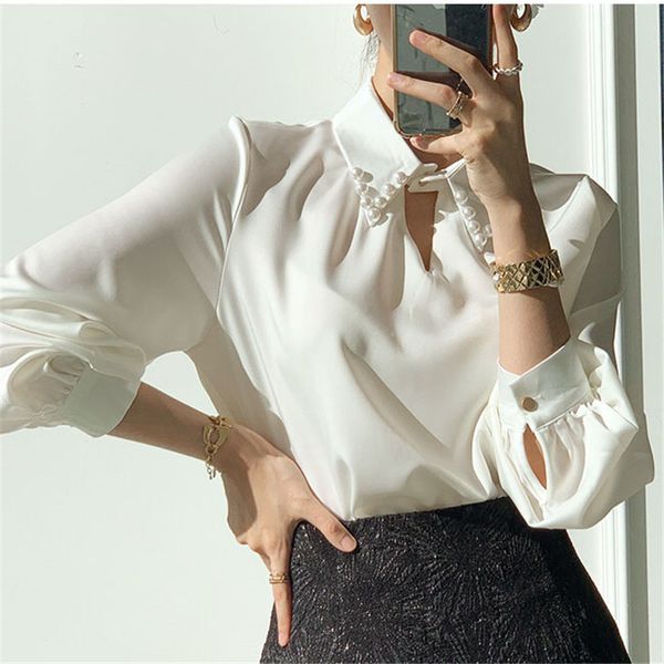 

elegance hollow out lapel stylish women chic blouses 2021 office lady female new gentle all match streetwear shirts emvy, Black