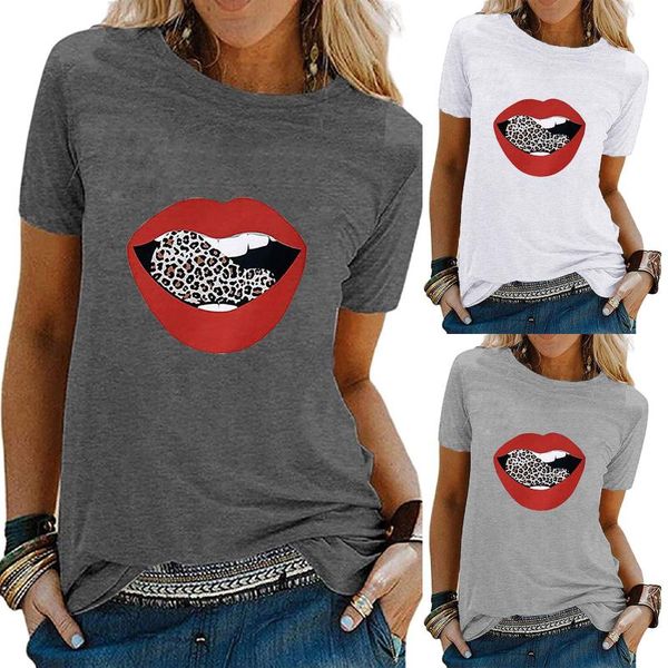 

women's t-shirt red lip leopard print t-shirts fashion oversized o-neck casual short sleeve tshirt camisetas de mujer, White