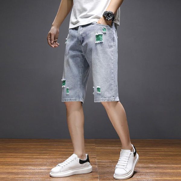 

men's jeans denim shorts loose large size five point pants, fat summer rip, Blue