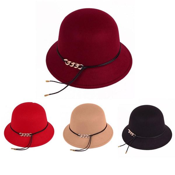 

stingy brim hats fashion fedoras hat for women ladies solid color autumn winter with gold chain wool felt caps female bucket gift, Blue;gray