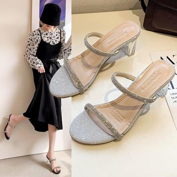 

slippers summer round head sandals woman rhinestone thick heel one word with high heels fashion open toe shoes women, Black