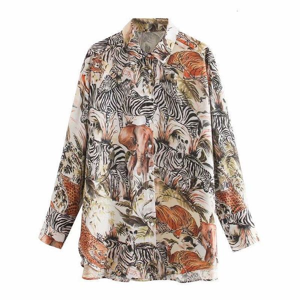 

2021 new women vintage animal leaves print casual loose smock blouse long sleeve long chic chemise femininas ls6521, White