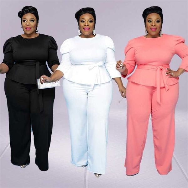 

two piece set women plus size sets 5xl fall fashion solid round collar half sleeves office ladies outfits wholesale drop 211106, Black