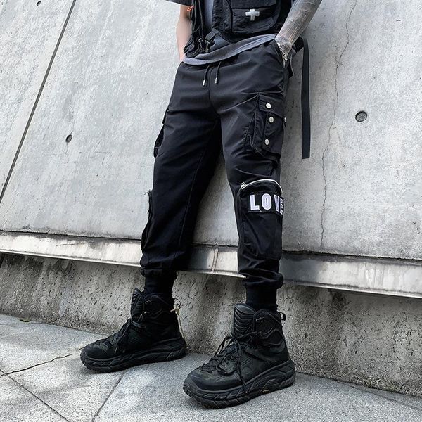 

men's pants love harem joggers men cargo streetwear 2021 hip hop casual pockets track male harajuku fashion trousers, Black