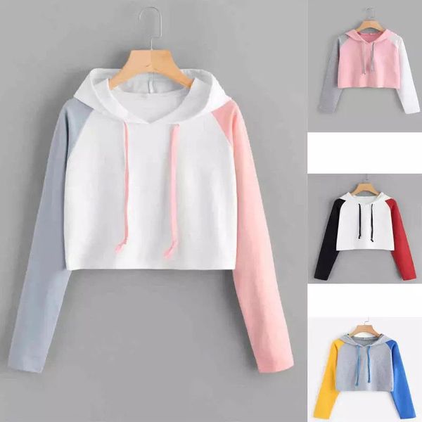 

2020 new autumn long sleeve color block patchwork sweatshirt women fashion korean style short pullover hoodies 23651, Black