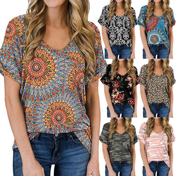 

2021 new women's v-neck printing hem sve t-shirt casual top, White