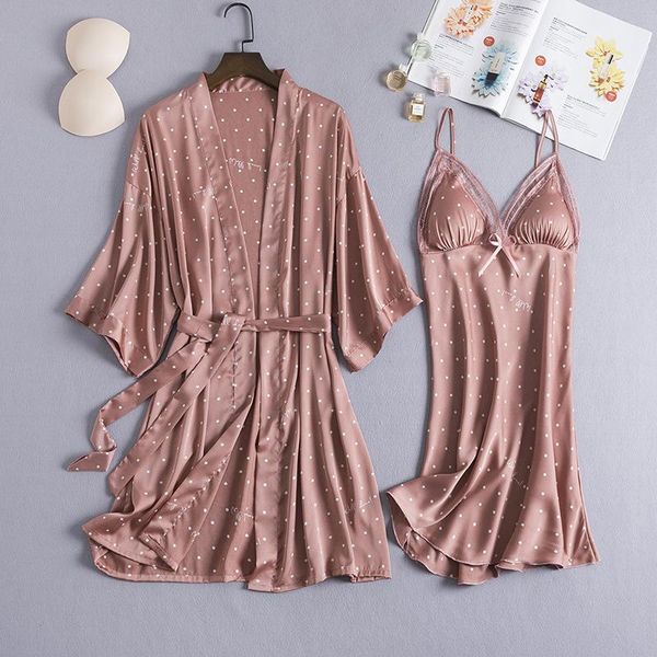 

women's sleepwear print dots women rayon robe sets 2pcs strap nightgown nightdress kimono bath v-neck lace floral home dress, Black;red