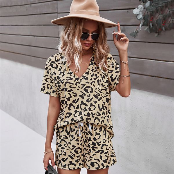 

2021 spring new leopard set v neck short sleeve pullover for women shorts co-ords fashion summer two piece sets bb4f, Tan;black