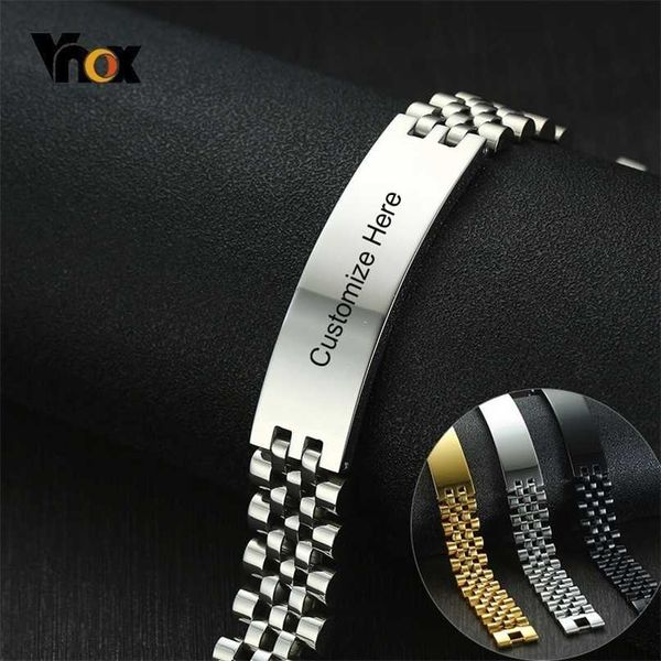 

vnox 15mm chunky bracelets for men engraving 3 color stainless steel watch band with id bar design tough man custom jewelry 211124, Black