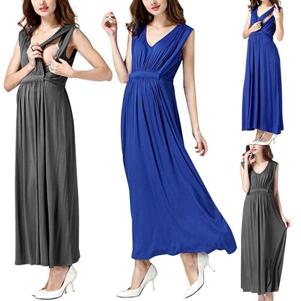 

maternity dresses explosion models clothes month dress long skirt summer v-neck solid color with sleeveless breastfeeding, White