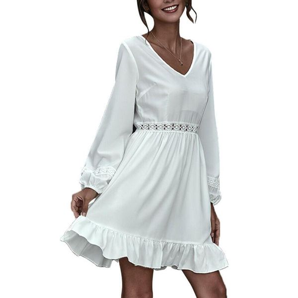 

casual dresses women long sleeve ruffled high waist flared business work plain party mini dress, Black;gray
