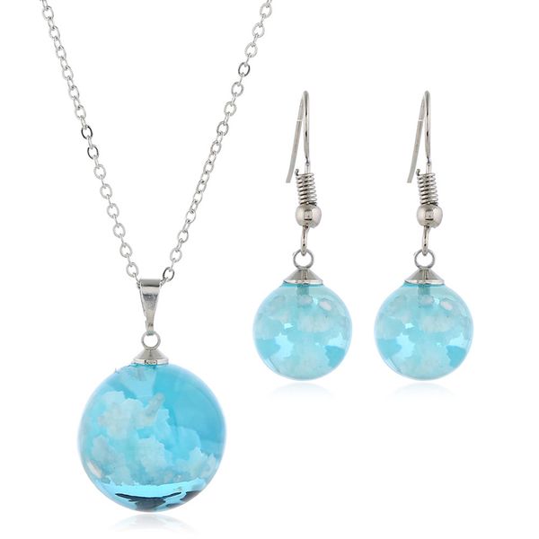 

transparent blue sky white clouds resin ball necklace earring set women wedding party exquisite jewelry suit, Silver