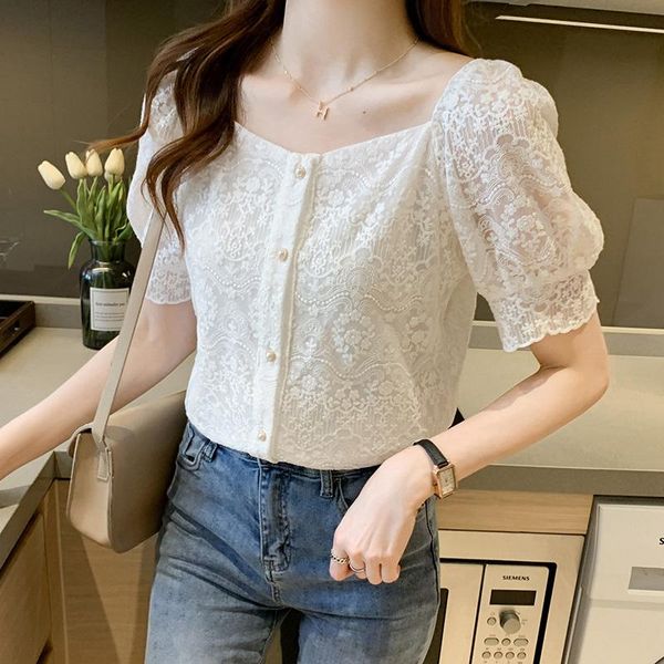 

women's blouses & shirts elegant fashion soft workwear ol button summer solid lace casual womens v-neck clothing 2021 blusas female, White