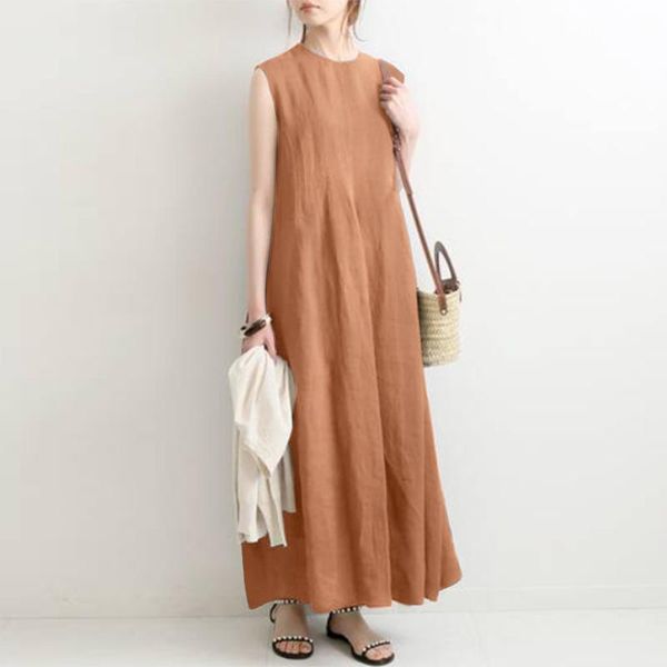 

casual dresses work belted sarafans summer women elegant o neck sleeveless sundress solid a-line party dress loose maxi vestidos, Black;gray