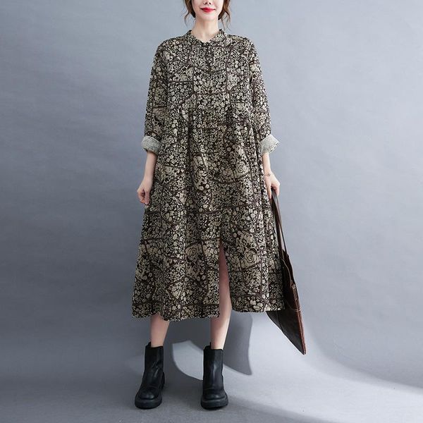 

casual dresses johnature women print floral loose 2021 autumn cotton vintage clothing stand long sleeve chinese style elegant dress, Black;gray