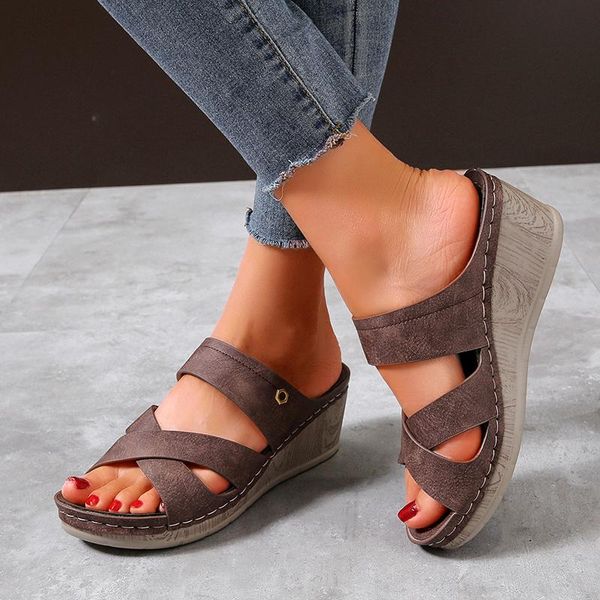 

sandals summer women wedge slip on open toe for vintage soft leather casual ladies female platform retro slippers, Black