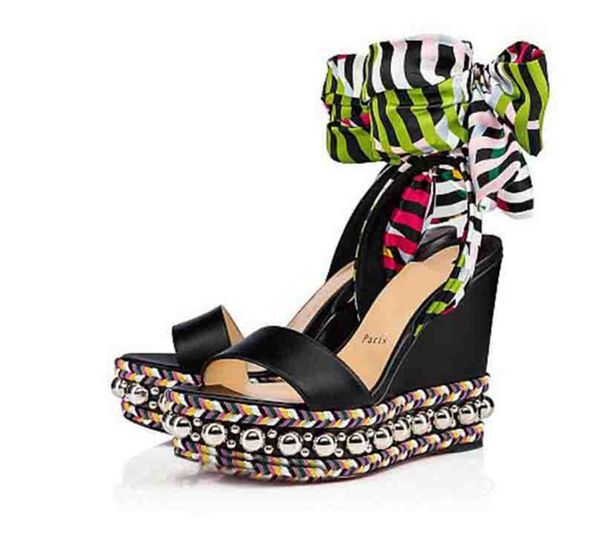 

with box] luxury women's sandals red bottom wedges levantinana high heels studs ankle strap gladiator sandals -- party wedding dress, Black