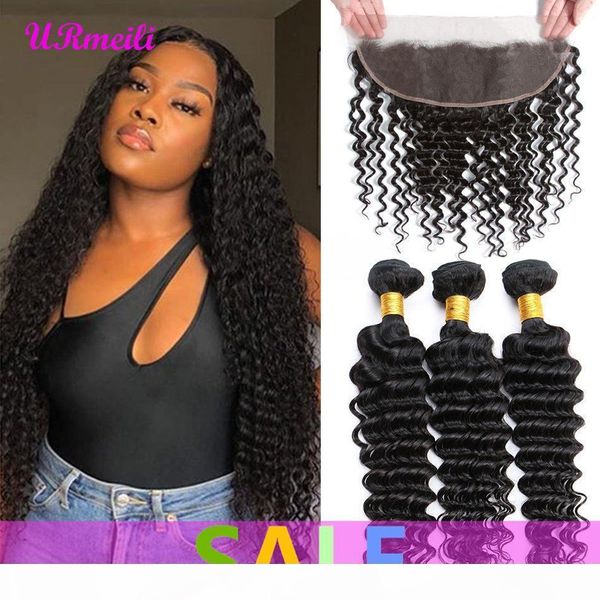 

brazilian deep wave virgin hair weave bundle with frontal pre plucked lace frontal closure with bundle 7a dhgate remy human hair weft, Black;brown