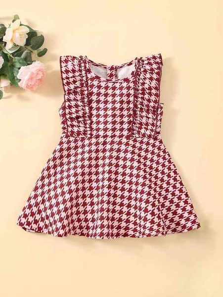 

baby houndstooth ruffle trim dress she, Red;yellow