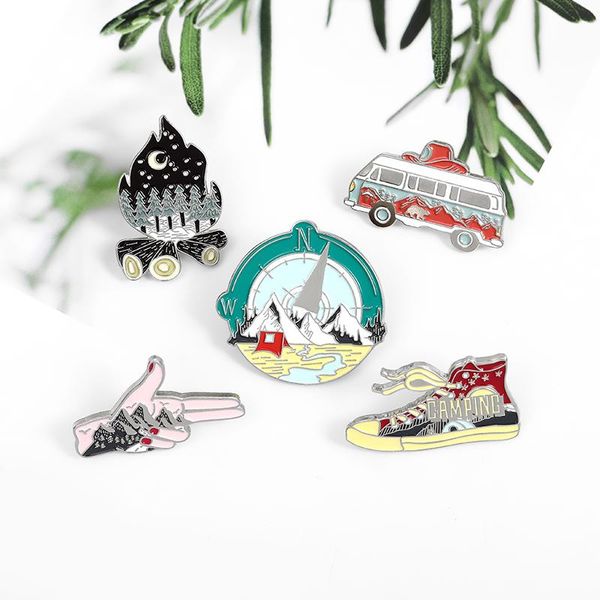 

pins, brooches star moon shoes hands exploring nature enamel pin adventure mountain forest torch compass bus brooch metal badge jewelry gift, Gray