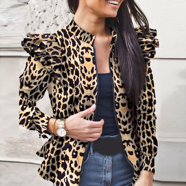 

2021 new casual jackets women spring autumn basic print bomber coat fashion long sleeve female slim outerwear short outwear 2bof, Black;brown