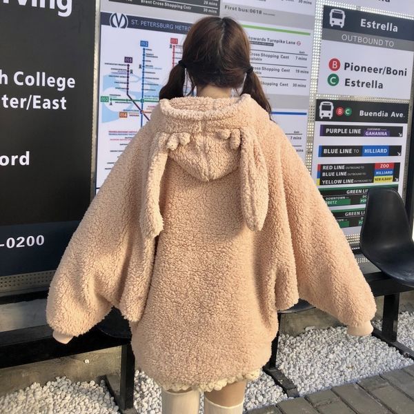 

hoodie elegant faux jacket women autumn winter warm soft fur zipper pocket cute rabbit ears plush hoodies sweat twys, Black;white