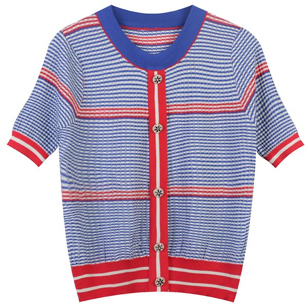 

1106 2022 spring autumn brand same style sweater short sleeve crew neck blue pink cardigan fashion womens clothes womens mingmei, White;black