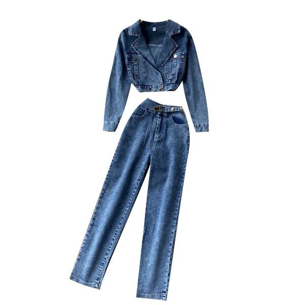 

women's tracksuits women's long sleeve jeans jacket + pants set lapel navel bare short slim, Gray