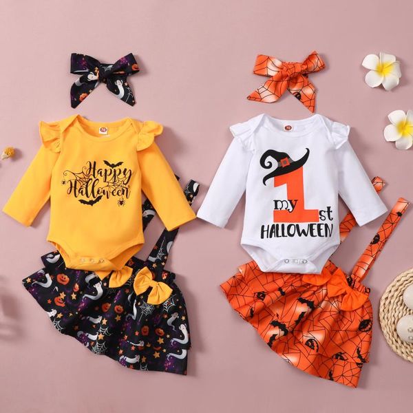 

clothing sets baby clothes girl born 3pcs boys girls set romper+halloween suspender skirts+headband outfits, White