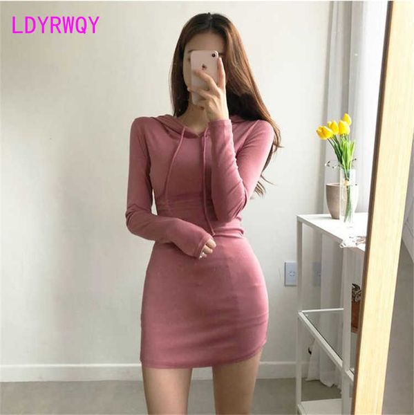 

korean women's hooded bag hip temperament slim dress 210603, Black;gray
