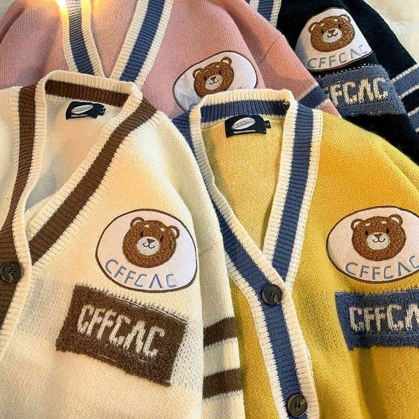 

women's sweaters urso feminino cardigan camisola de malha outono inverno manga longa decote em v jumper cardigans casual streetwear mod, White;black