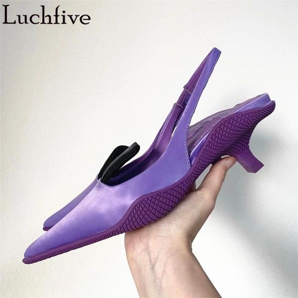 

sandals kitten heels pointy toe satin party shoes runway summer slingbacks purple black leather woman