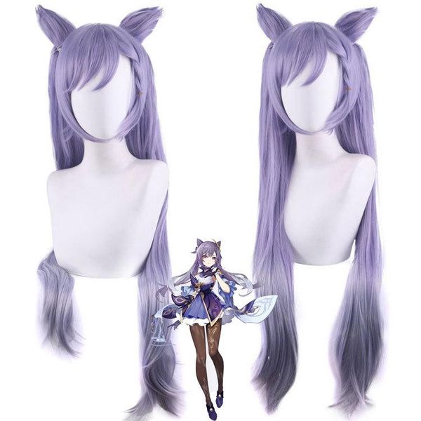 

party hats genshin impact wig keqing cosplay purple long curly ponytails ears horns pigtails heat resistant women halloween cap ha